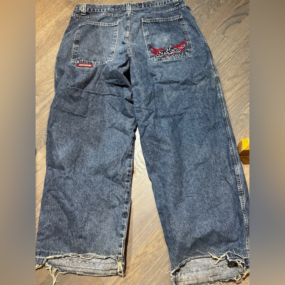 VINTAGE JNCO Men's Blue Jeans skater Pants with Embroidered Detail 40x32